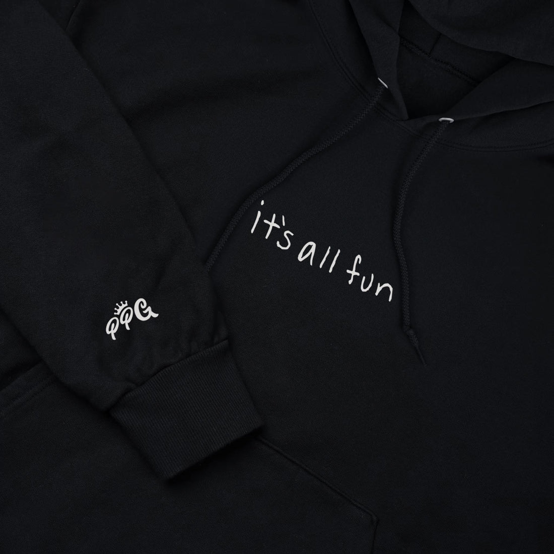 close up of the it's all fun hoodie print and the PPG sleeve logo
