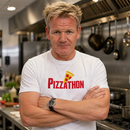 Gordon Ramsay wearing the pizzathon tee