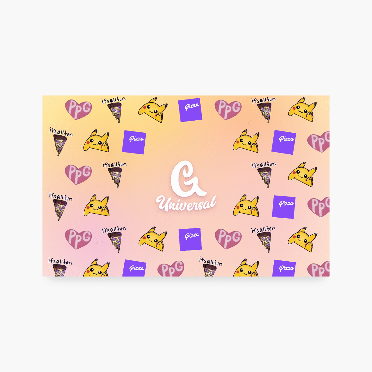 G Universal digital gift card: PPG heart, it's all fun slice, Pikapop and Pizza Princess emotes on the golden hour glow around the white G logo, animated