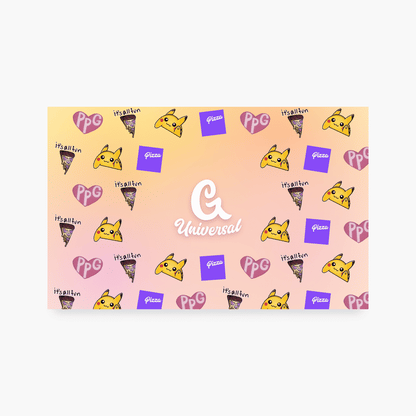 G Universal digital gift card: PPG heart, it's all fun slice, Pikapop and Pizza Princess emotes on the golden hour glow around the white G logo, animated