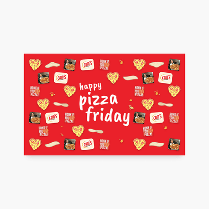 G Universal digital gift card in pizza red: happy pizza friday in G's handwriting surrounded by heart pizza, dough, Cam's and honk if you pizza emotes, animated