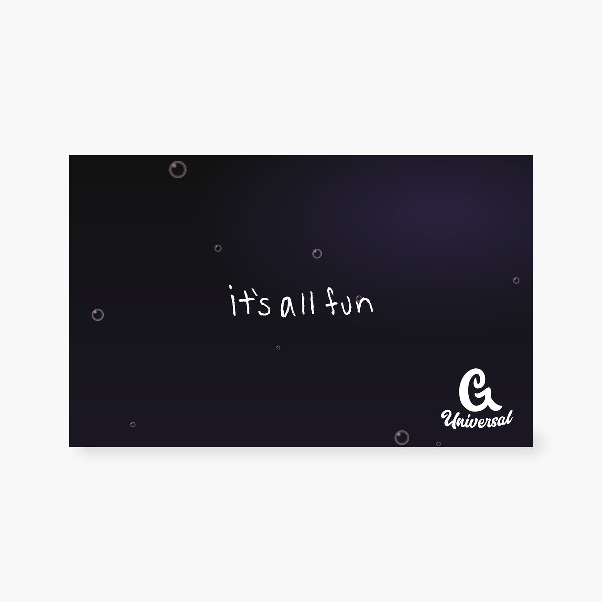 G Universal digital gift card in black: it's all fun in G's handwriting with soap bubbles and the white G logo