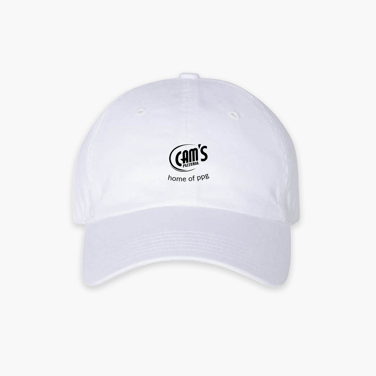 home of ppg cap in white, front view, with the Cam's Pizzeria logo