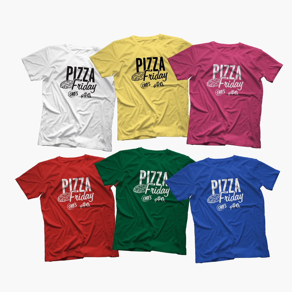 pizza friday tee in all six colors: white, yellow, pink, red, green, and blue