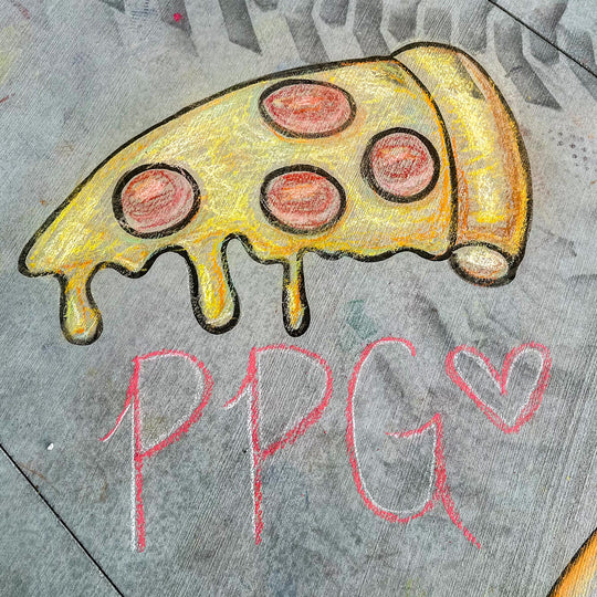 chalk drawing of a dripping pepperoni pizza slice above "PPG" and a heart